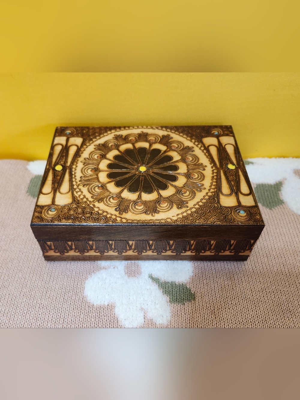 Vintage Polish Handcrafted Wooden Jewelry Trinket Box Pyrography Floral Folk Art